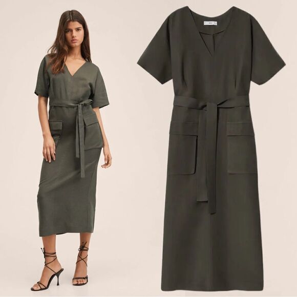 Mango Linen Khaki Green Color Dress Belted Pockets - Picture 1 of 8